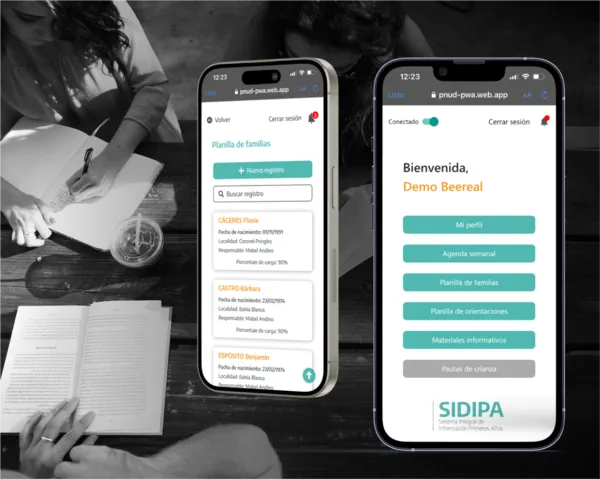 Dos smartphones mostrando diferentes pantallas en la aplicación SIDIPA desarrollada por BeeReal.