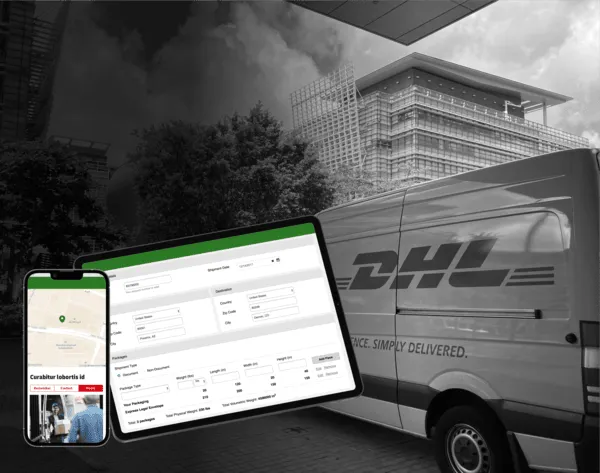 Pantallas de smartphone y laptop mostrando el panel de control backend desarrollado por BeeReal para DHL.