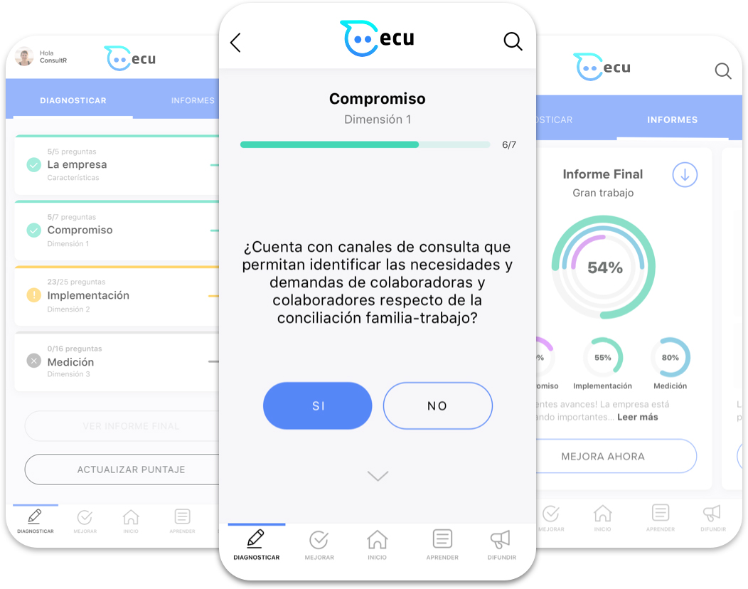 Pantallas de la plataforma Empresas que Cuidan desarrollada para UNICEF Argentina.