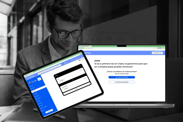 Dos pantallas de computadora mostrando una página de una aplicación de blockchain y cripto desarrollada por BeeReal.